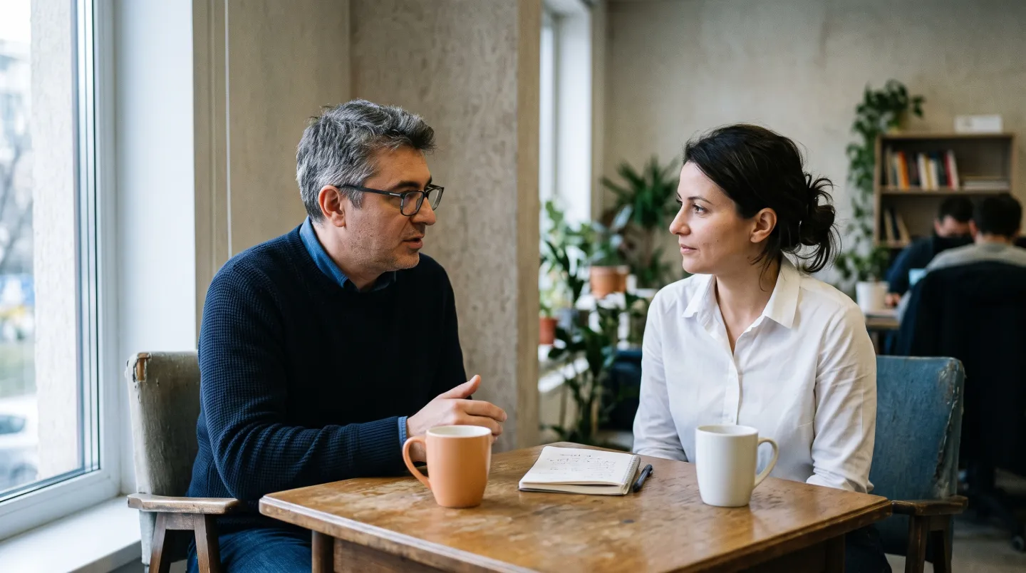 Doi oameni așezați față în față la o masă mică, cu cești de cafea și un carnet între ei, într-o conversație de dinaintea unui proiect.