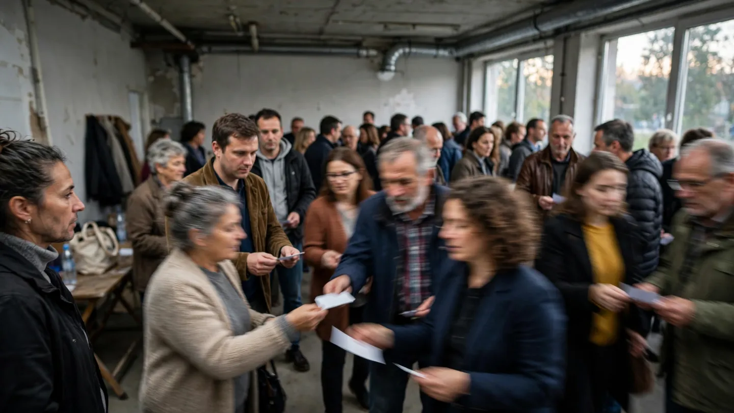 O sală plină în care câteva zeci de oameni se mișcă printre ei și își dau din mână în mână bilete de hârtie.