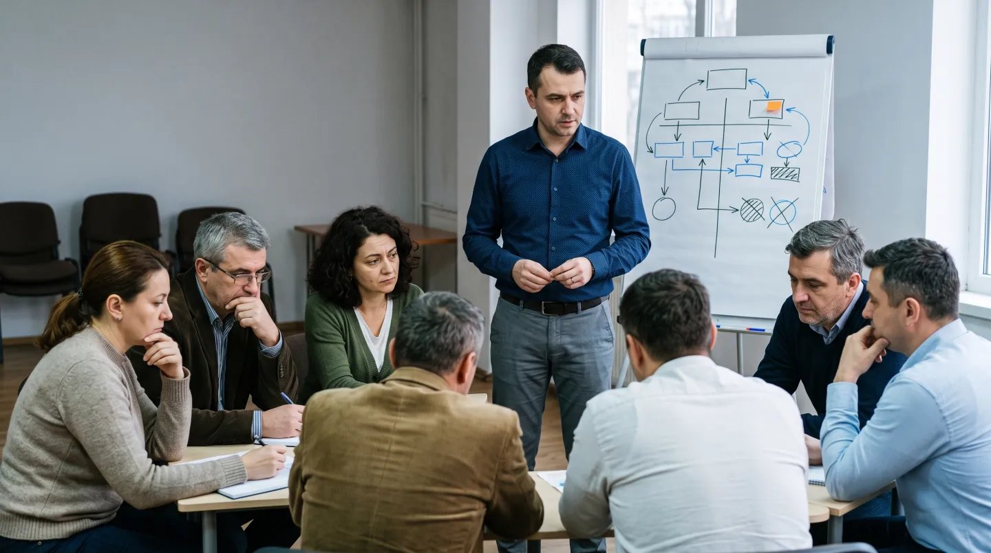 Un facilitator stă în picioare între două sub-grupuri de participanți așezați pe scaune, lângă un flipchart cu o structură simplă desenată de mână.