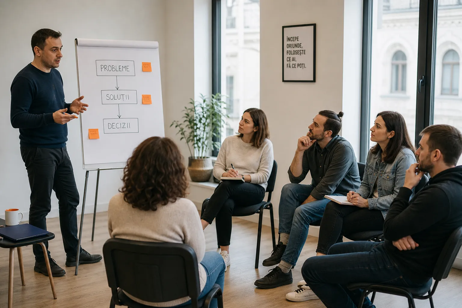 Un facilitator explică la flipchart, în fața unui grup așezat în semicerc fără masă între ei; pe coala de flipchart, o diagramă cu pașii de la probleme la decizii.