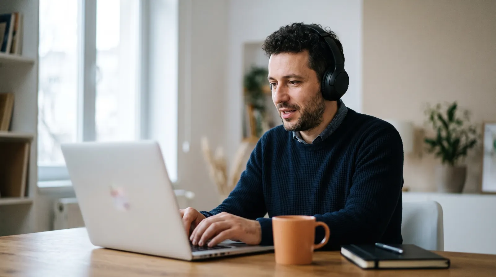 O persoană cu căști la un laptop, într-un colț de lucru liniștit, exersând o conversație; ecranul e neclar.